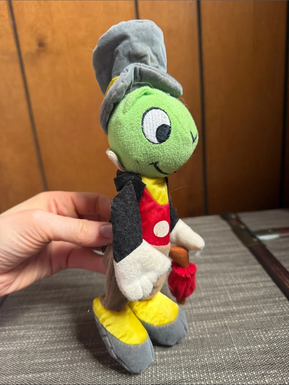 Disney Green Jiminy Cricket Plush with Gray Hat and Red Vest